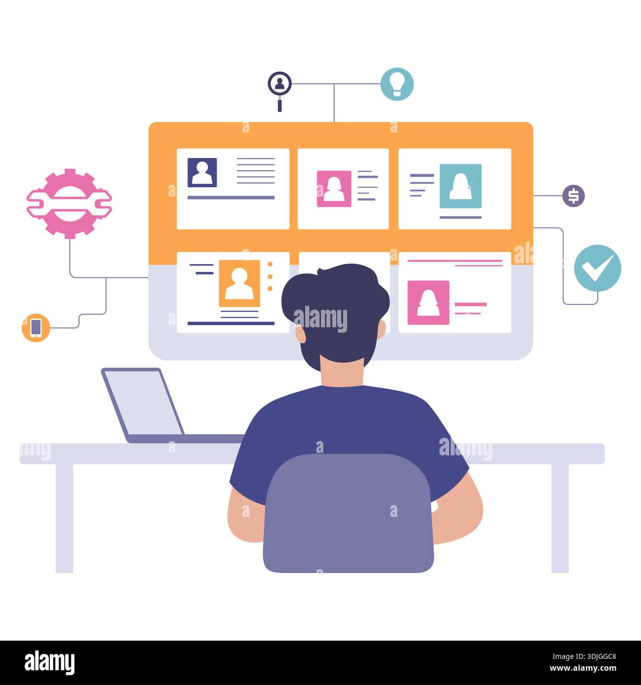 Man managing digital user profiles on a large monitor screen Stock ...