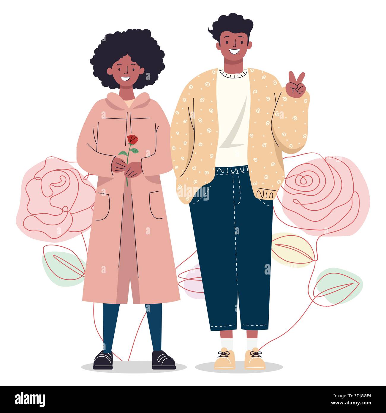 Happy young African American couple standing together with a rose. Stock Vector
