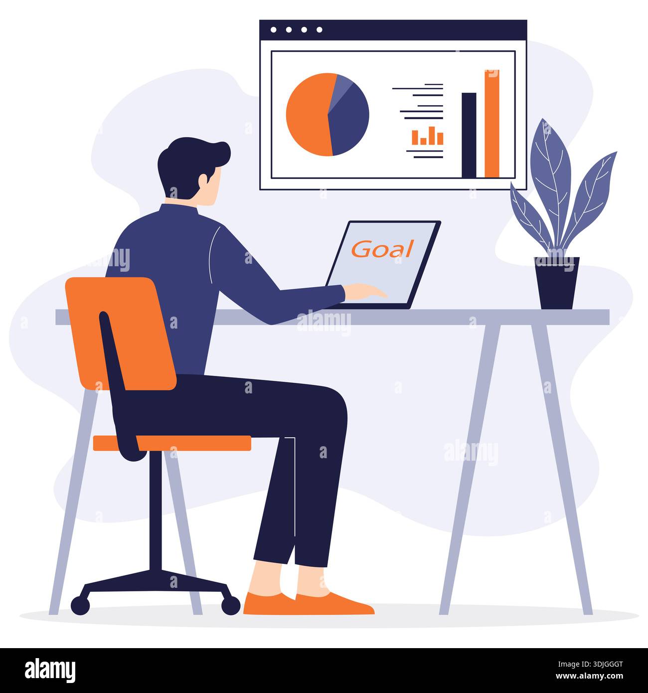 Businessman working on laptop analyzing data charts on large screen. Stock Vector