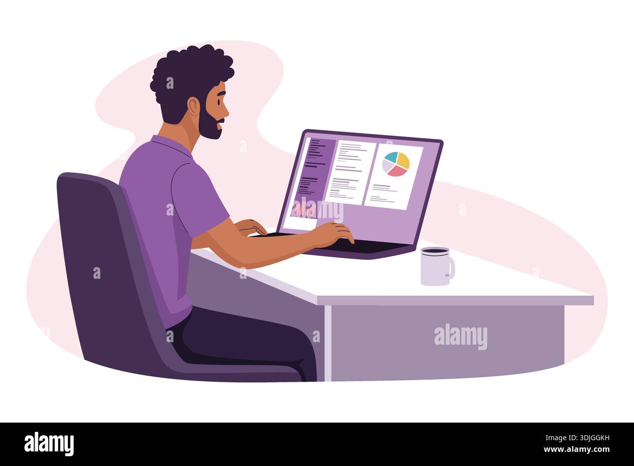 Man working on laptop at desk analyzing data charts. Stock Vector