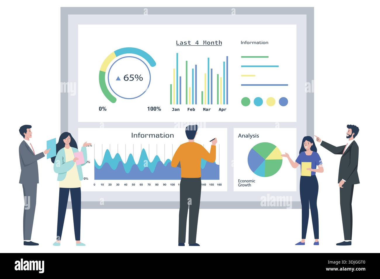 Businesspeople analyzing financial data on large screen. Stock Vector