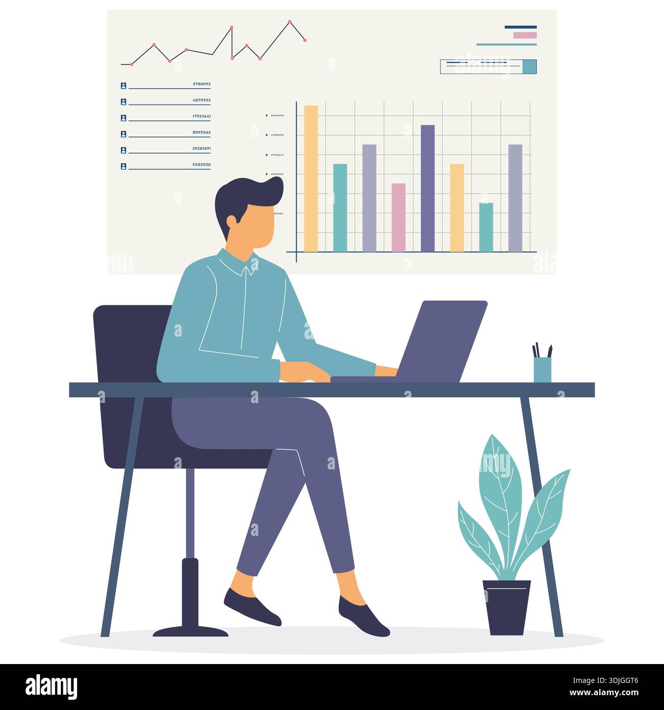 Businessman working on laptop with financial charts in the background. Stock Vector
