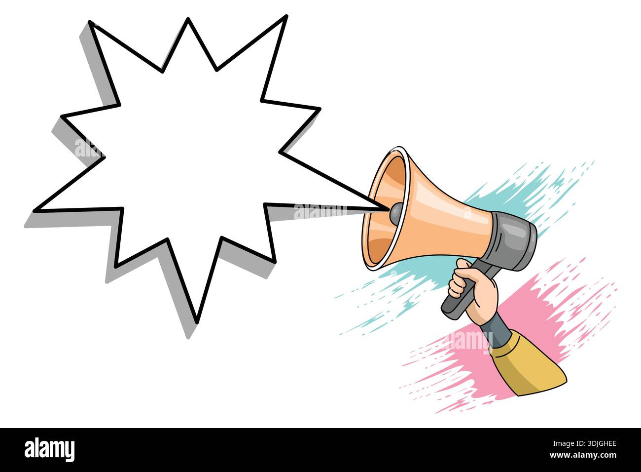 Hand holding orange megaphone with sharp starburst speech bubble. Stock Vector