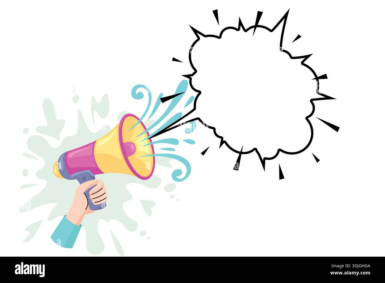 Hand holding a colorful megaphone with empty comic speech bubble. Stock Vector