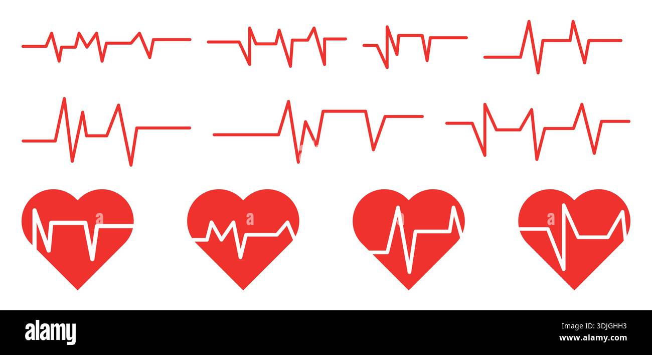 Set of red heart rate monitor pulse EKG lines and heart icons medical ...