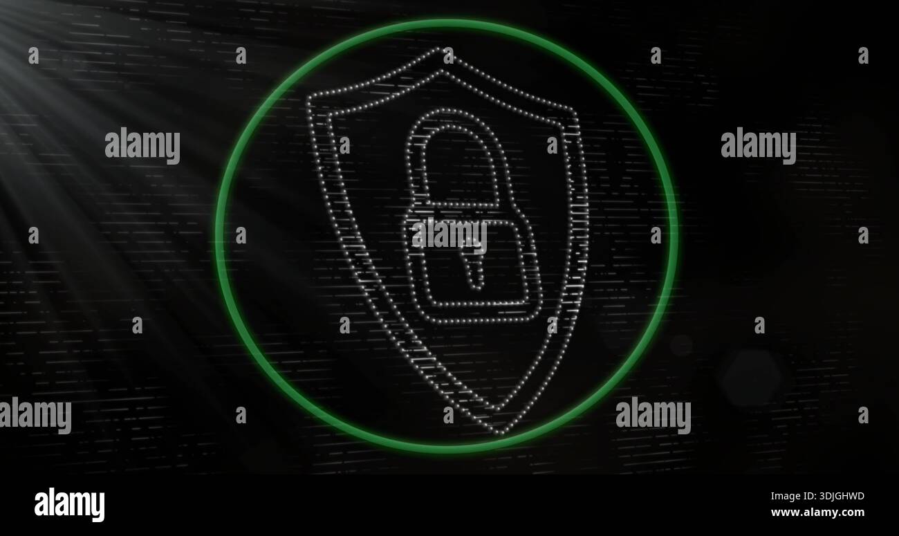 Pulsing dotted shield with padlock inside green ring on dark backdrop, showing diagonal light rays Stock Photo