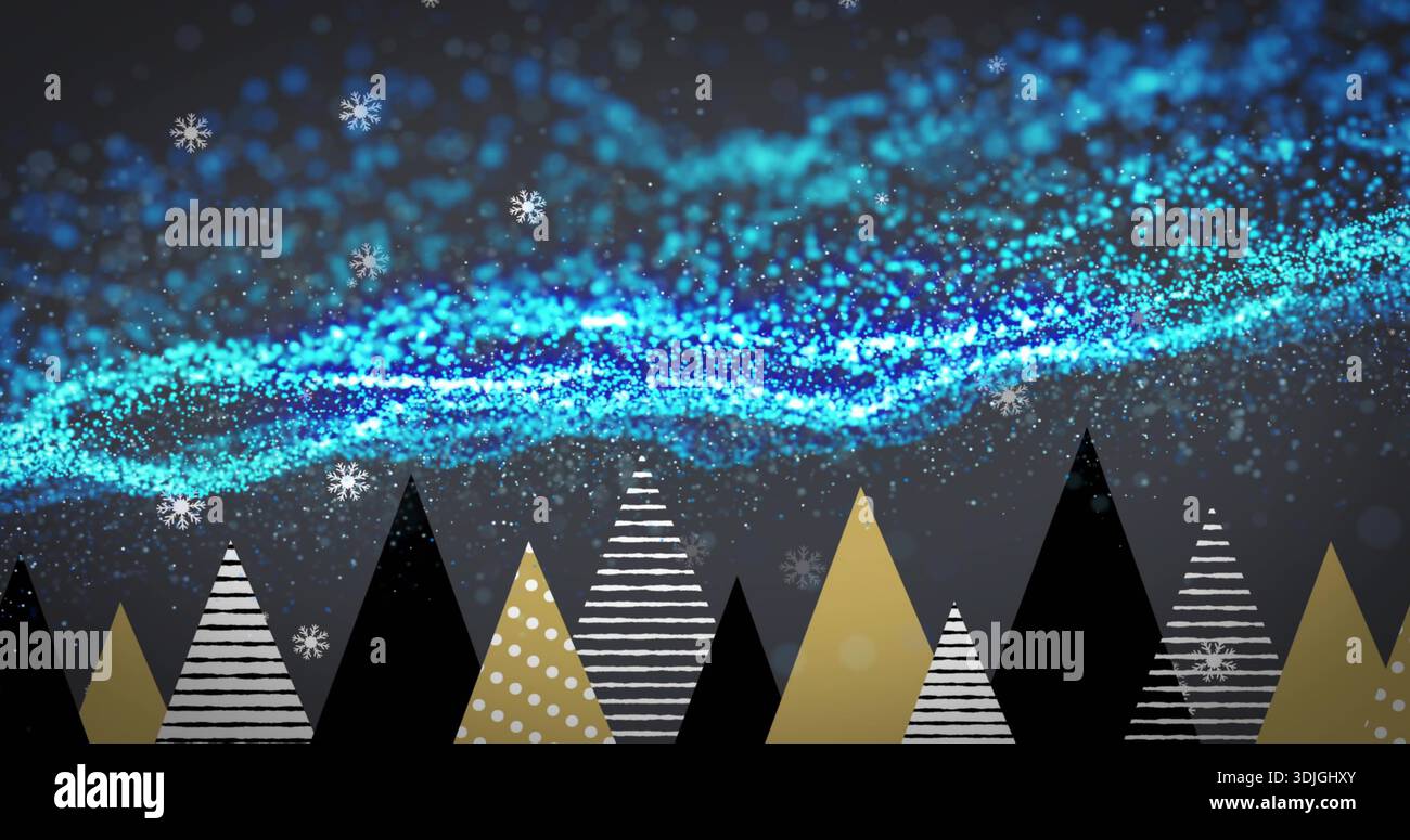 Shimmering blue particle band sweeping across winter night art, with triangular patterned trees Stock Photo