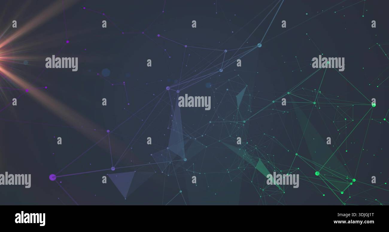 Showing abstract network on navy gradient, with nodes, thin lines, triangles and flare Stock Photo