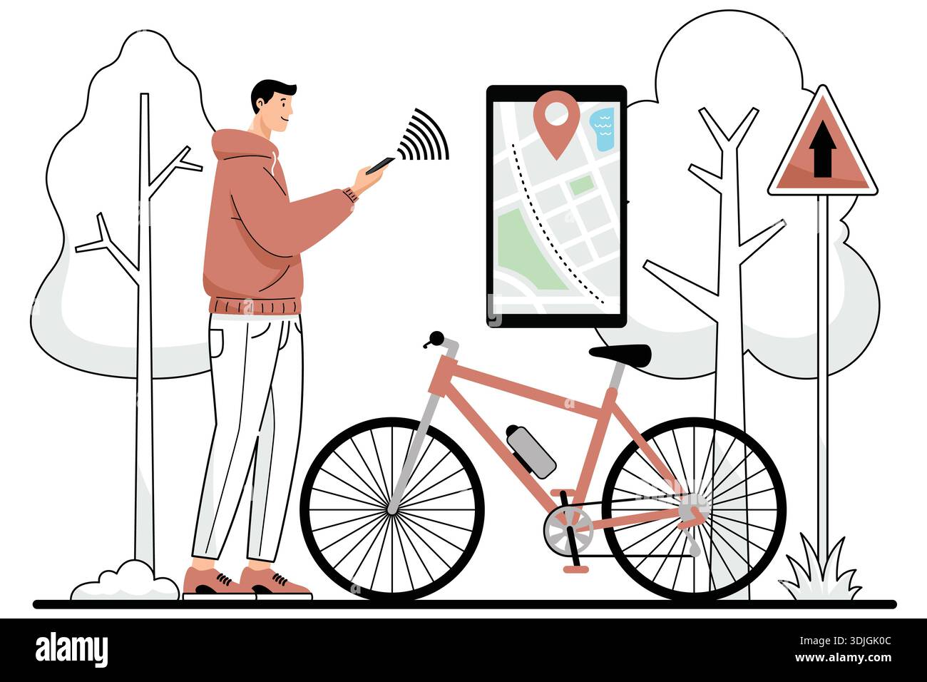 Man using navigation app on smartphone next to bicycle. Stock Vector