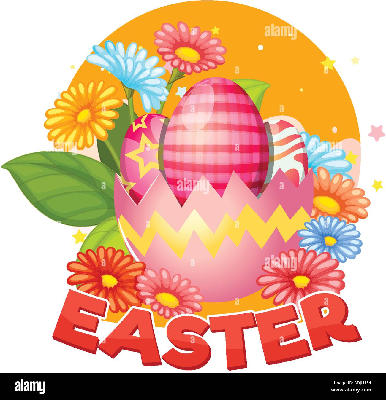 Vibrant vector graphic of decorated Easter eggs inside a shell surrounded by spring daisies Stock Vector
