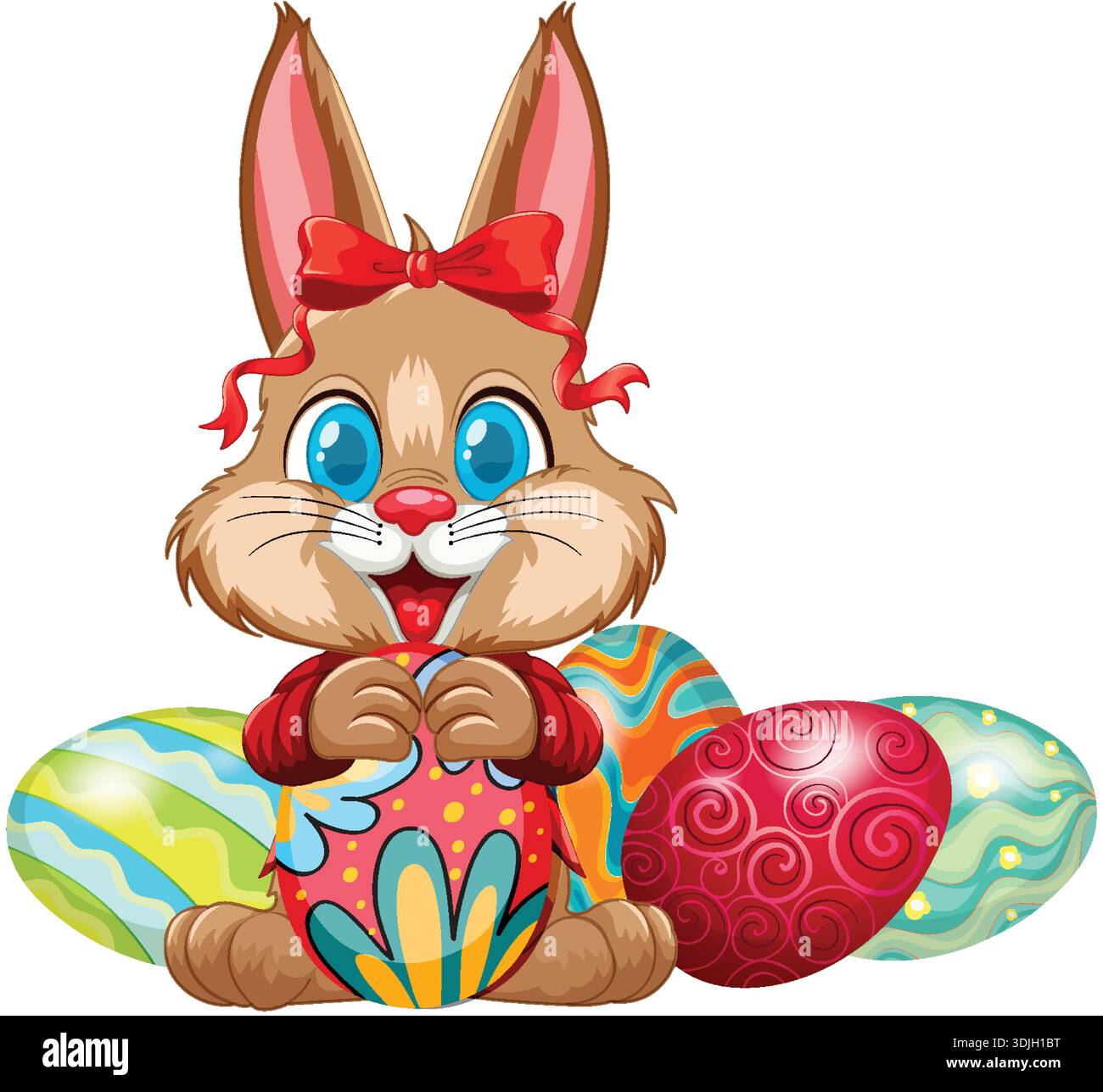 A cheerful brown rabbit with a red bow sits among several patterned Easter eggs Stock Vector