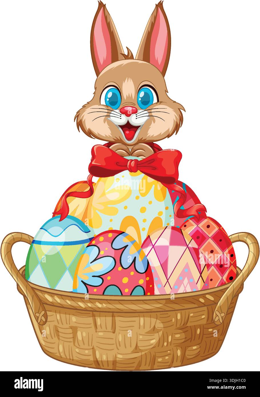 A cheerful brown rabbit sits behind a woven basket containing several patterned Easter eggs Stock Vector