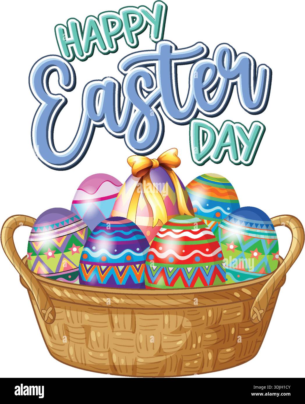 Vector illustration of vibrant patterned Easter eggs inside a woven basket on white background Stock Vector
