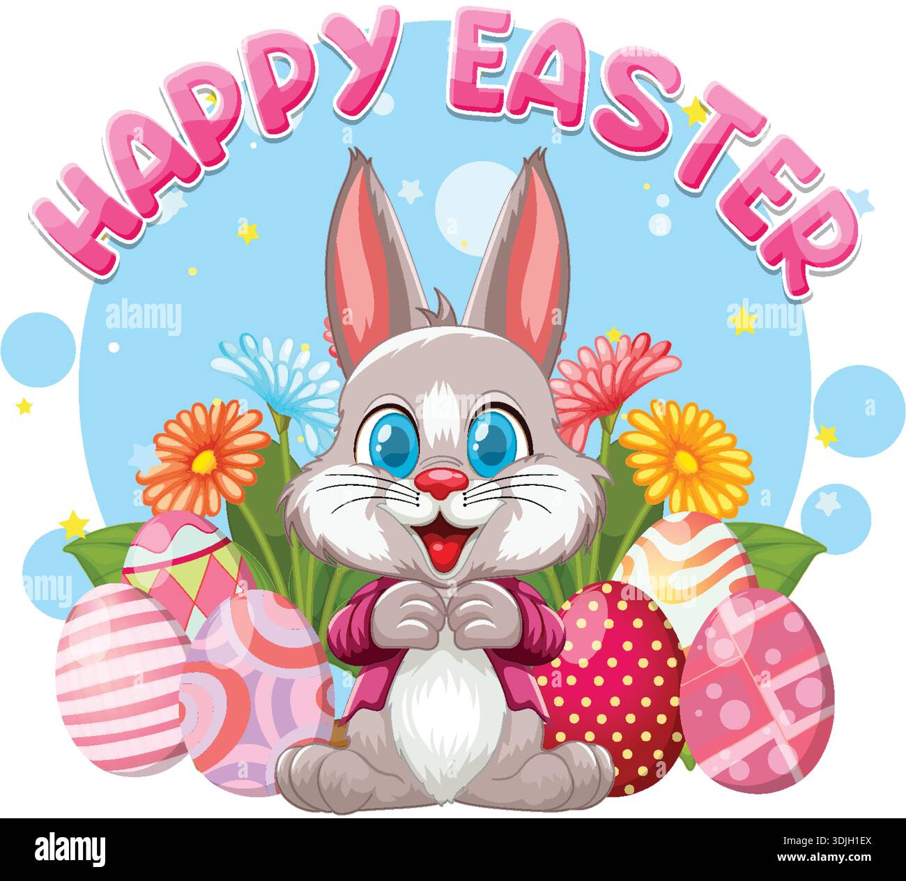 Cartoon rabbit sits among decorated eggs and spring flowers under a pink holiday greeting text Stock Vector