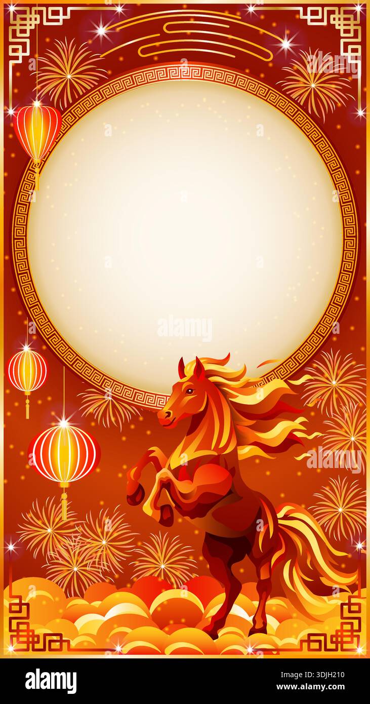 Chinese New Year fire horse, red and gold elements, lanterns ...