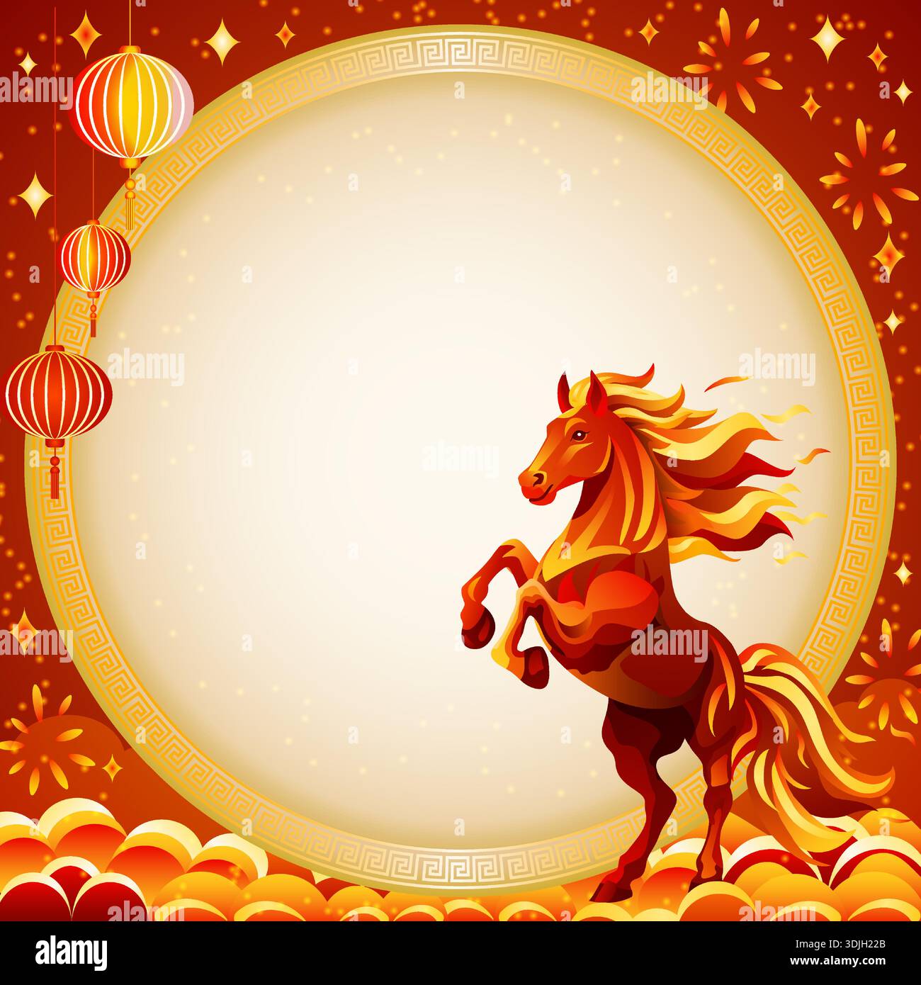 Chinese New Year fire horse, red and gold elements, lanterns ...