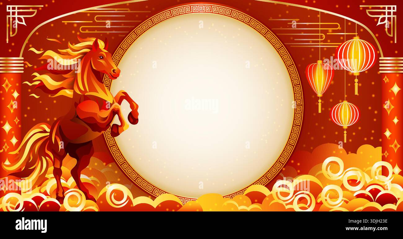 Chinese New Year fire horse, red and gold elements, lanterns ...