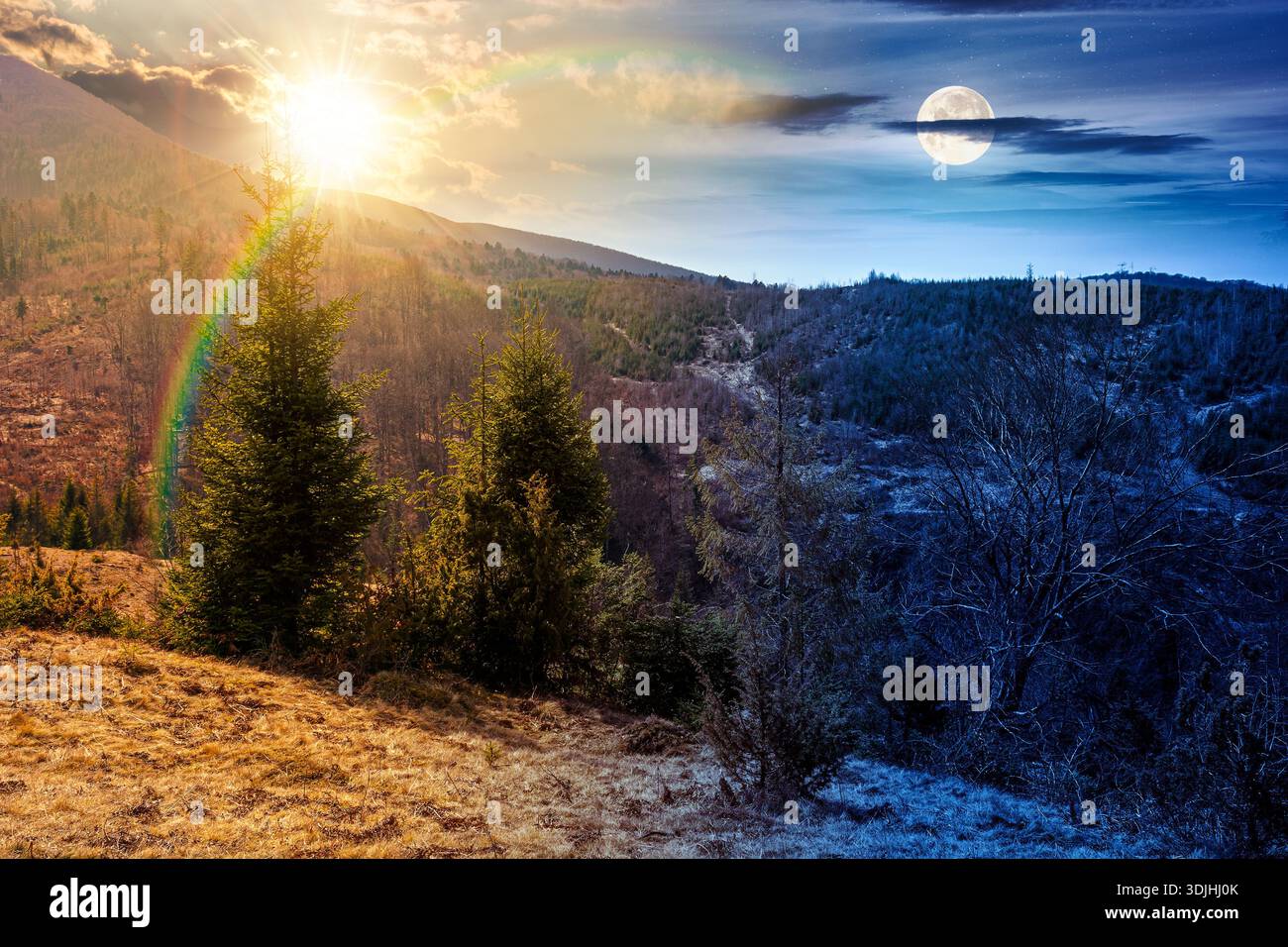 mountains in early spring. day and night time change concept. tree stumps on rolling hills with sun and moon. forest clearing. deforestation landscape Stock Photo
