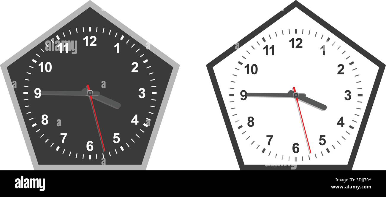 Two modern pentagon-shaped analog wall clocks in black and white styles ...
