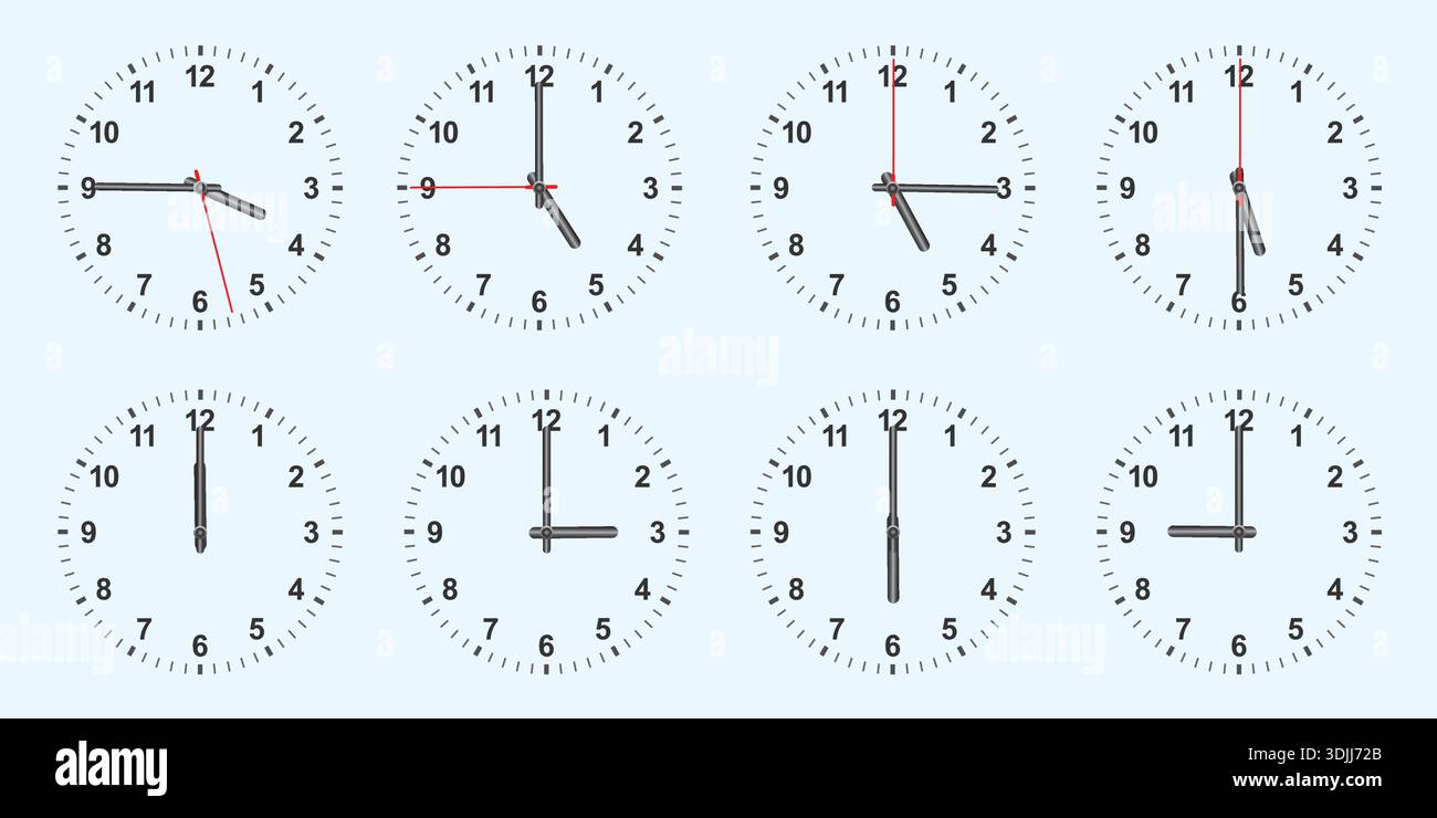 Set of Analog Clock Faces Showing Different Times, Time Reading ...