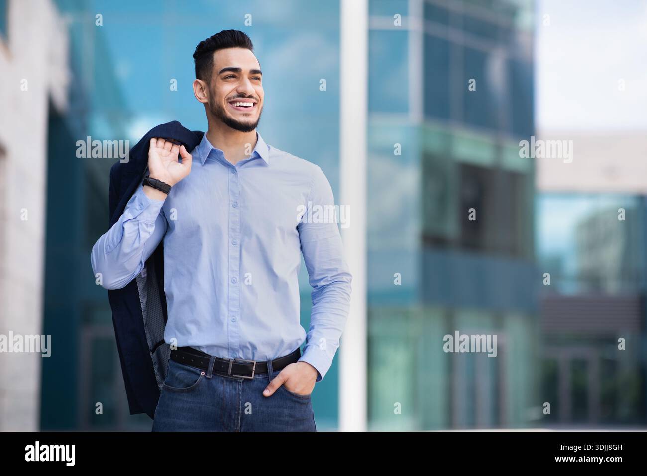 Happy muslim entrepreneur going home from job Stock Photo