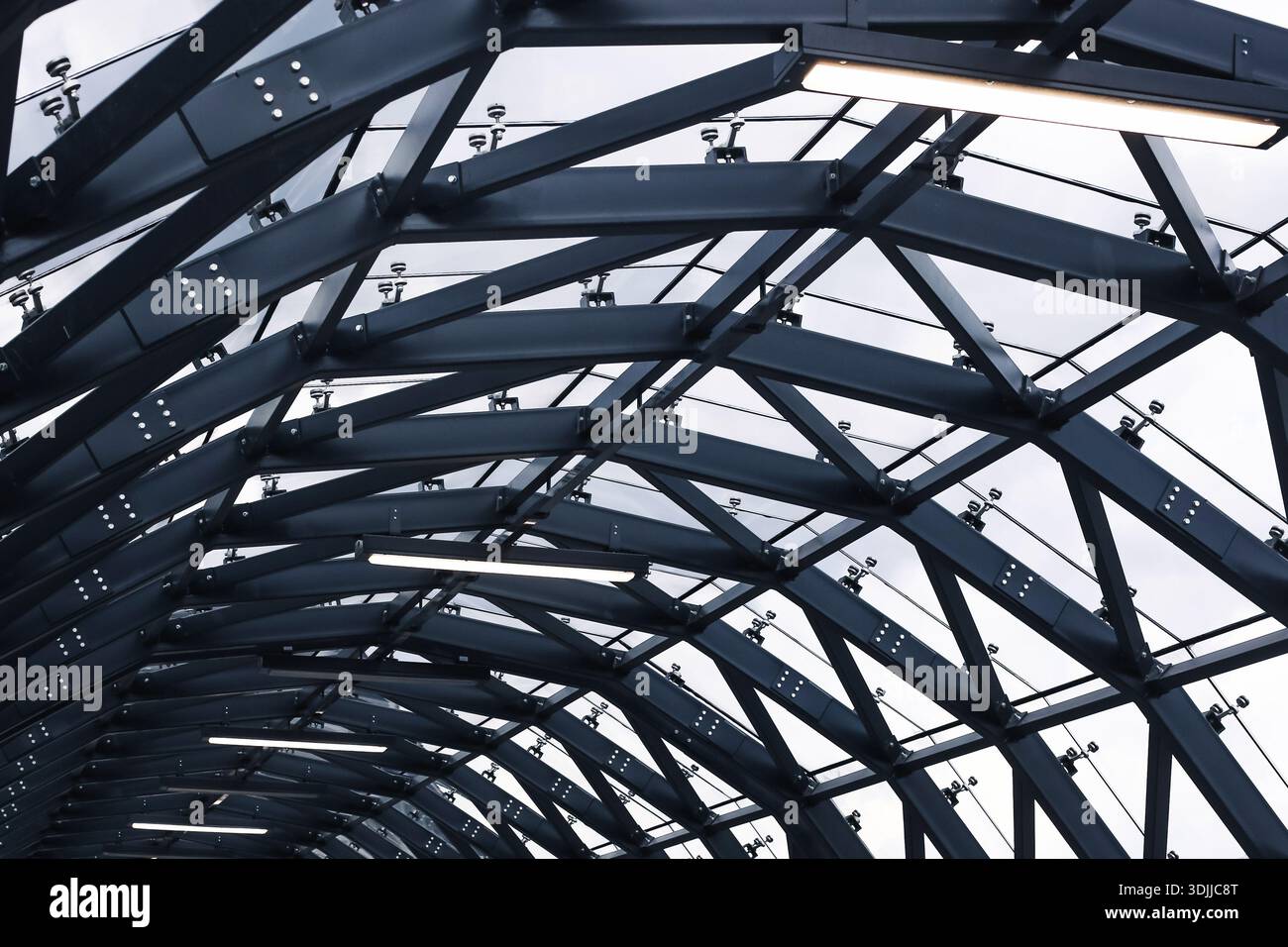 Steel roof construction structure closeup. Industrial architecture ...