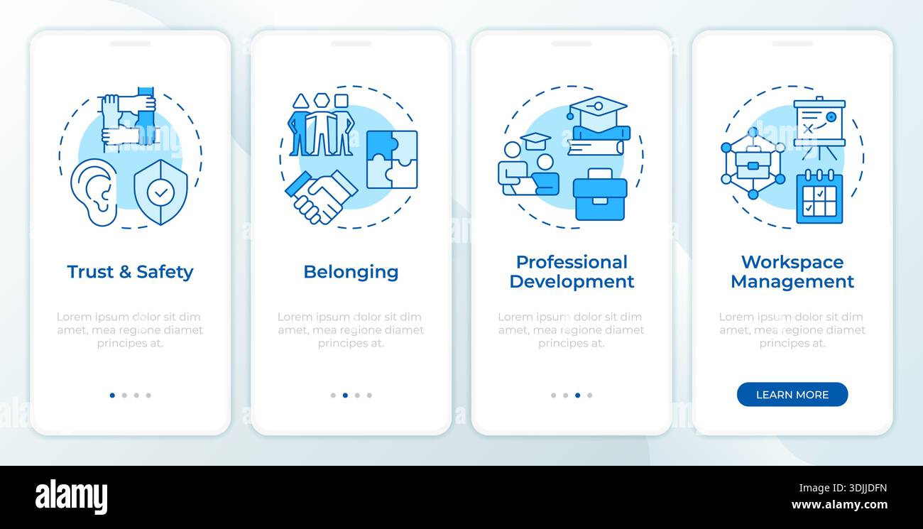 Workplace culture blue onboarding mobile app screen Stock Vector