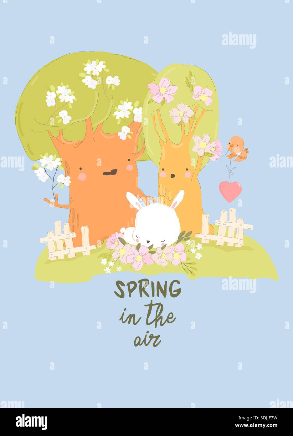 Cute Little Rabbit sleeping Under Blooming Trees Stock Vector