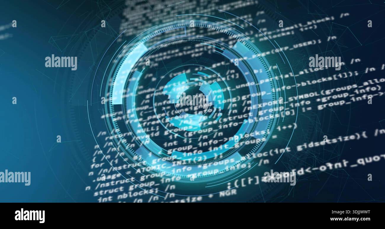 Rotating central holo interface projecting streaming code in dark teal cyber field, with mesh Stock Photo