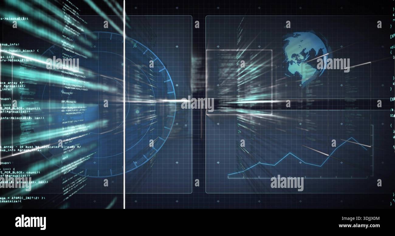 Displaying holographic data interface spreading on navy grid, showing radar, code, seam, streaks Stock Photo