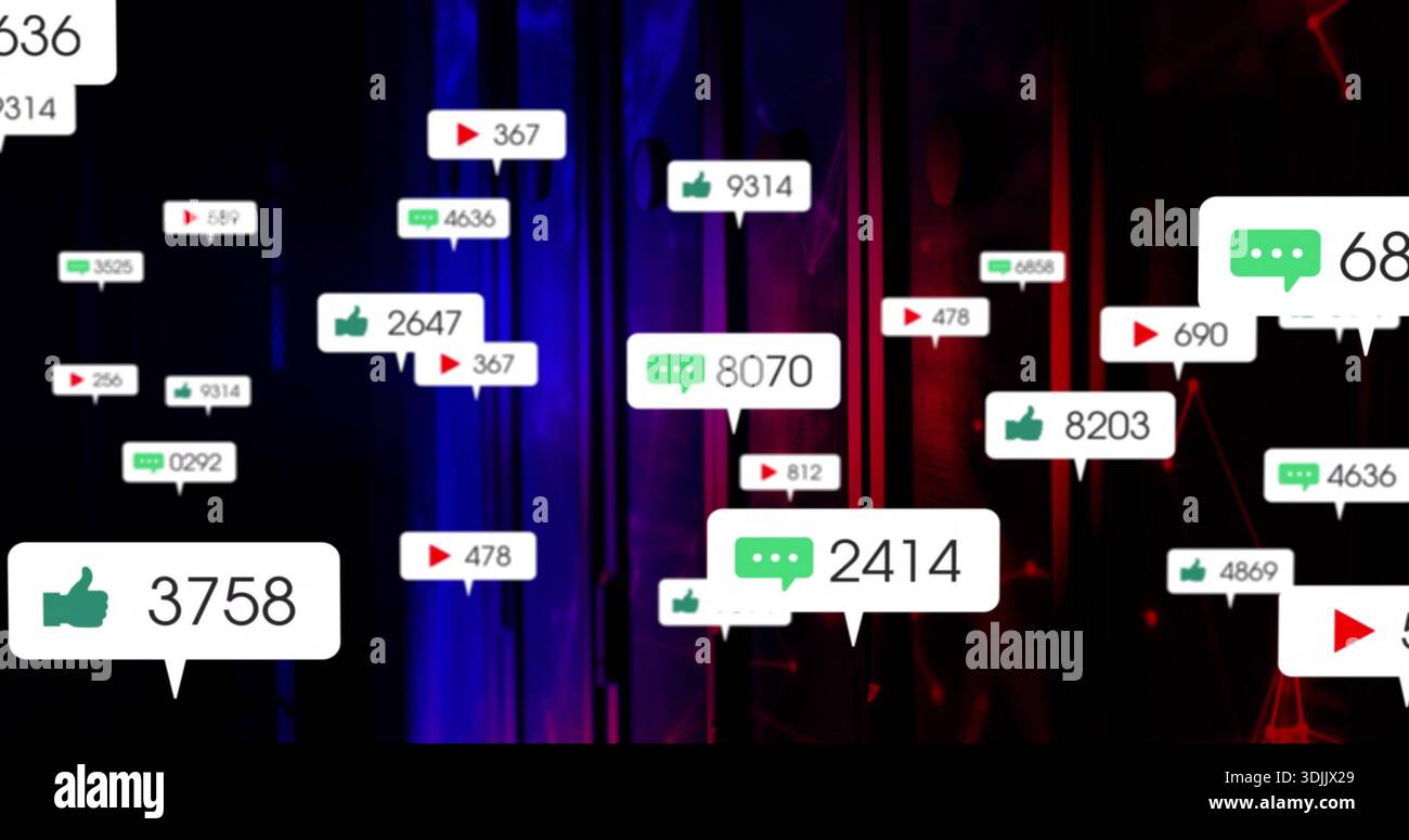 Floating white notification bubbles drifting on dark vertical gradient, showing numeric counters Stock Photo
