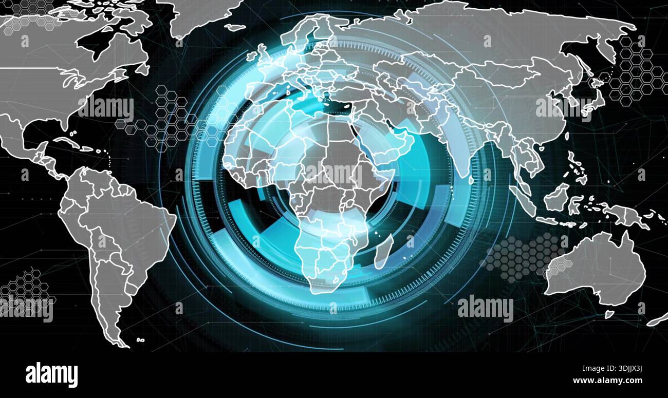 Displaying digital world map with concentric cyan HUD rings on virtual interface, showing nodes Stock Photo