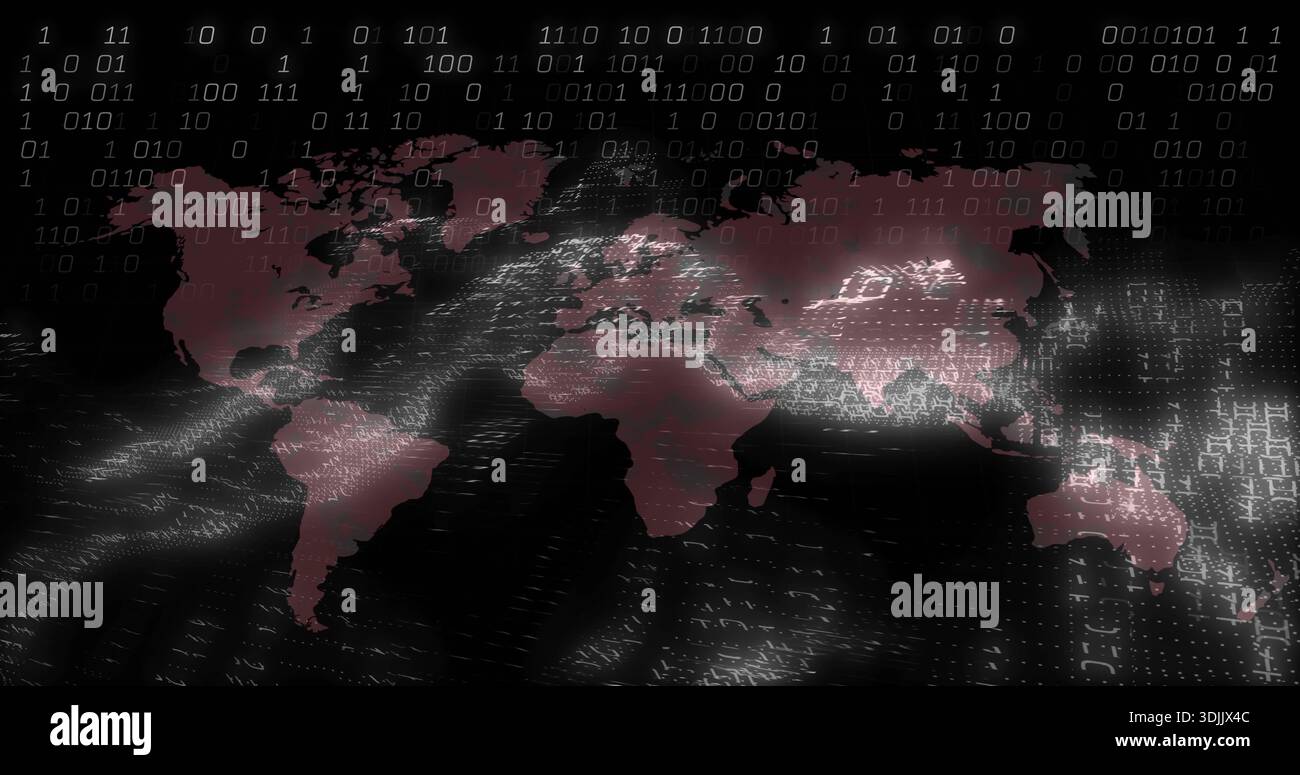 Displaying stylized maroon world map pulsing across dark virtual plane, with binary digits overlay Stock Photo