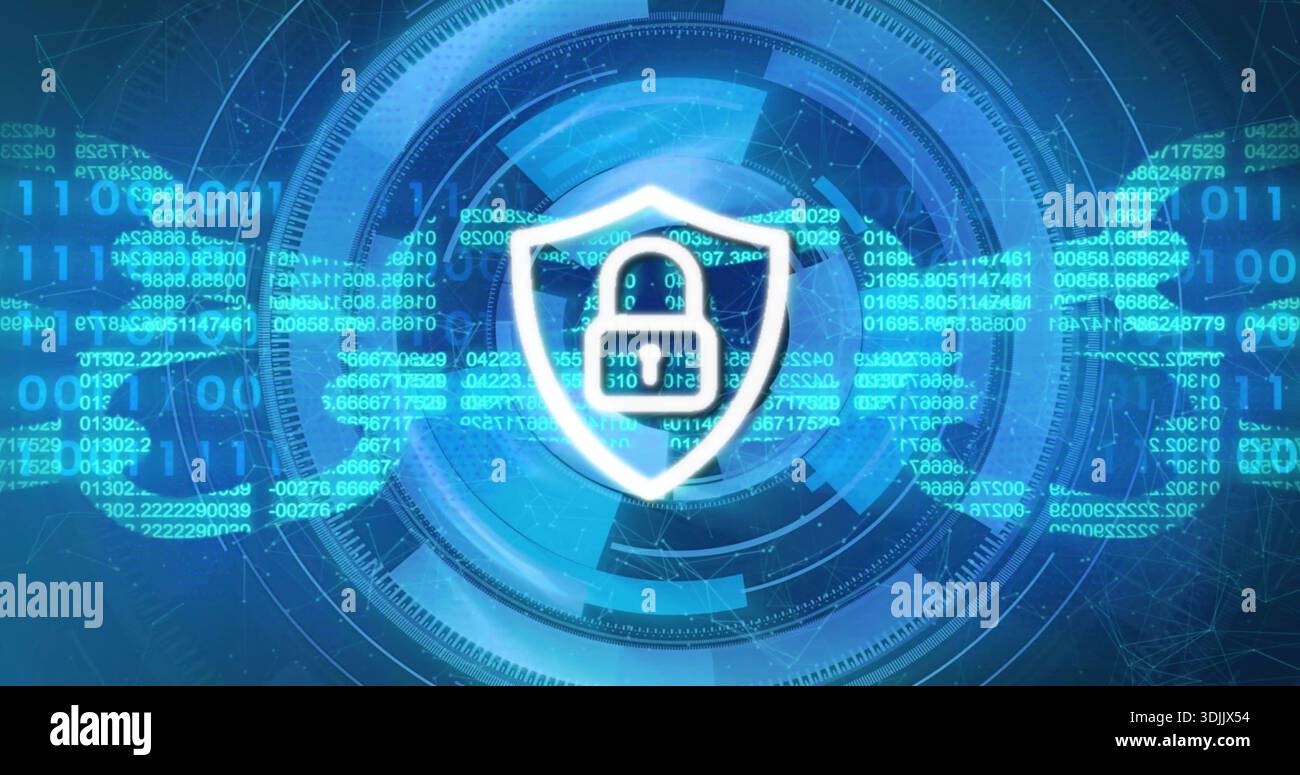 Displaying bright white shield with padlock floating in cybersecurity interface, with HUD rings Stock Photo