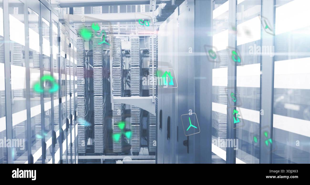 Displaying central server rack corridor in data center, showing racks ...