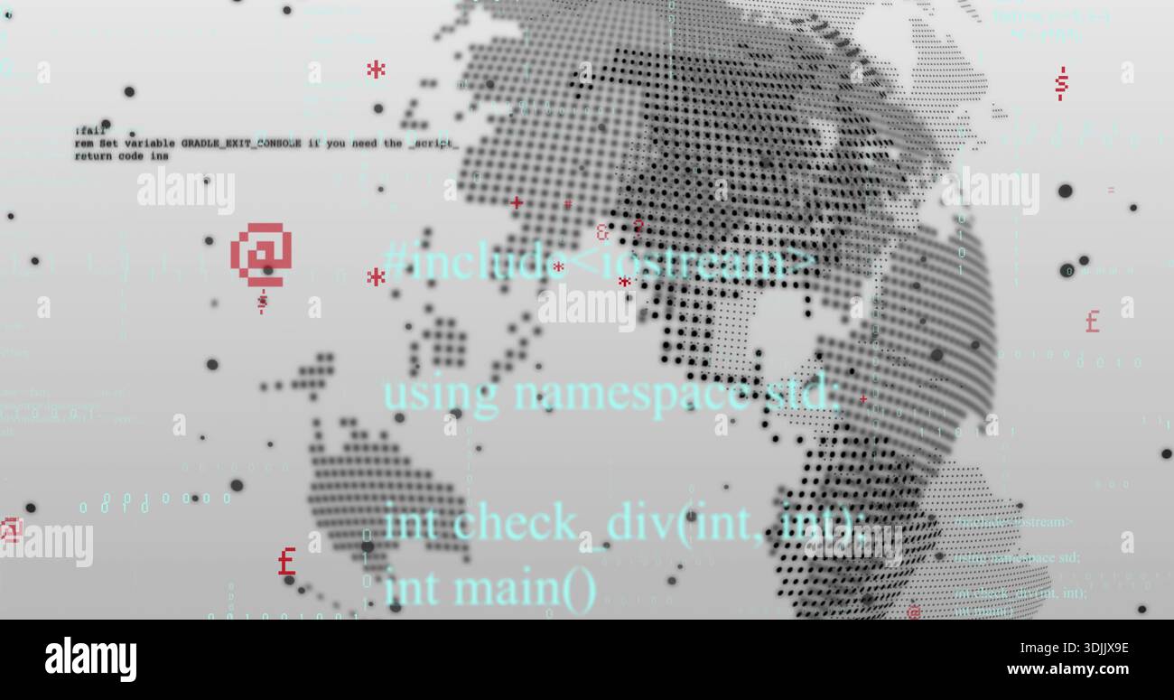 Displaying halftone dotted globe centered in digital workspace, showing monospaced code, red glyphs Stock Photo