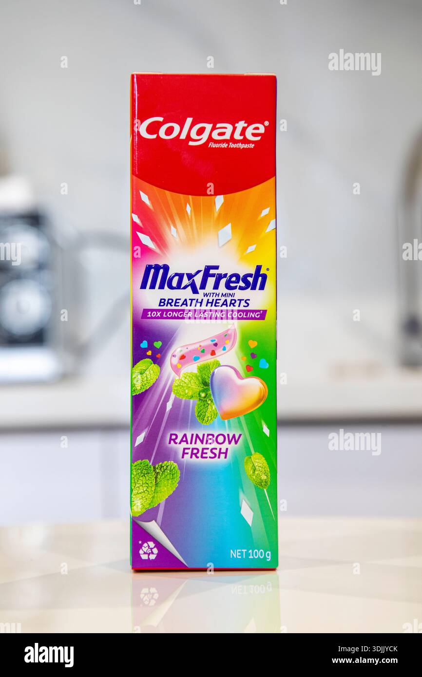 Mini Colgate Toothpaste Supe Rmini A box of Colgate Max Fresh toothpaste with mini breath hearts Stock ...