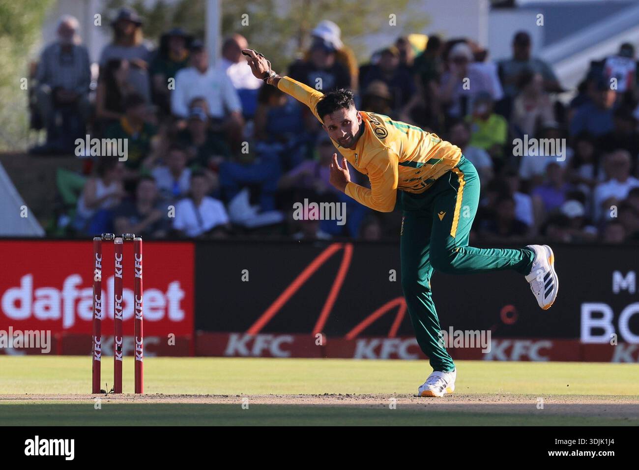 South Africa's bowler Keshav Maharaj bowls during the T20 International ...