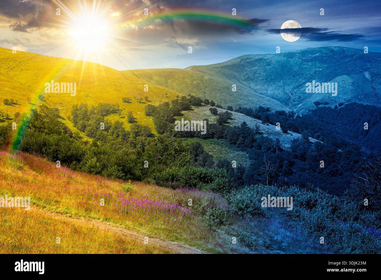 beautiful mountain landscape in summer. day and night time change concept. scenic view of green grassy hills with alpine forest with sun and moon at t Stock Photo