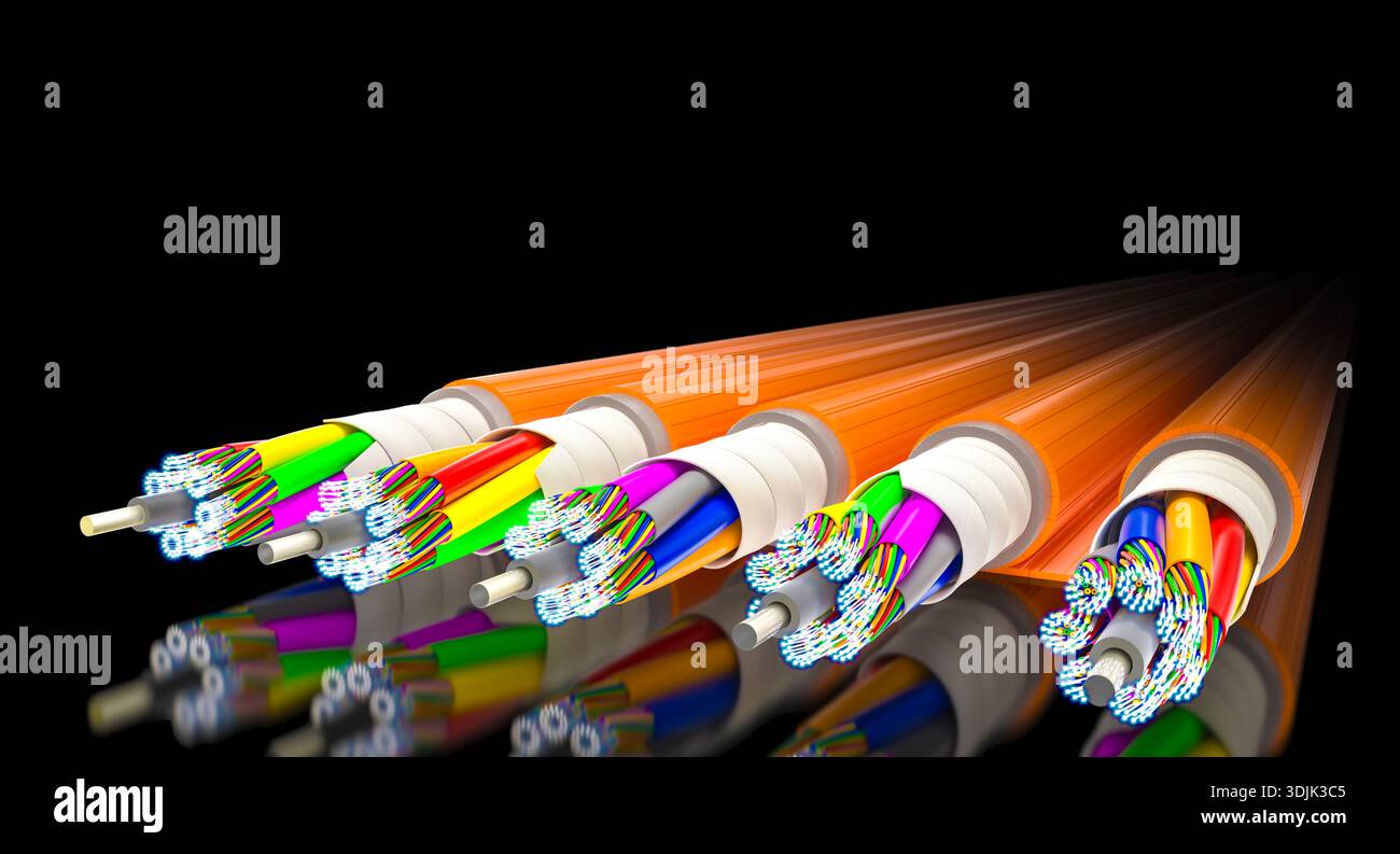 Fiber optic cables black background 3d Stock Photo