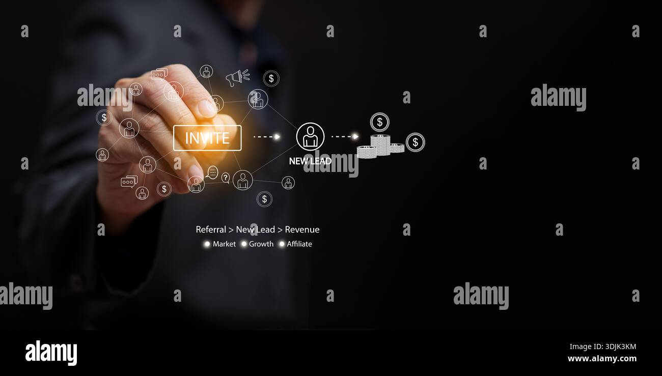 Business referral marketing concept. Hand with stylus touching invite button to generate new lead and revenue. Affiliate growth, generation strategy, Stock Photo