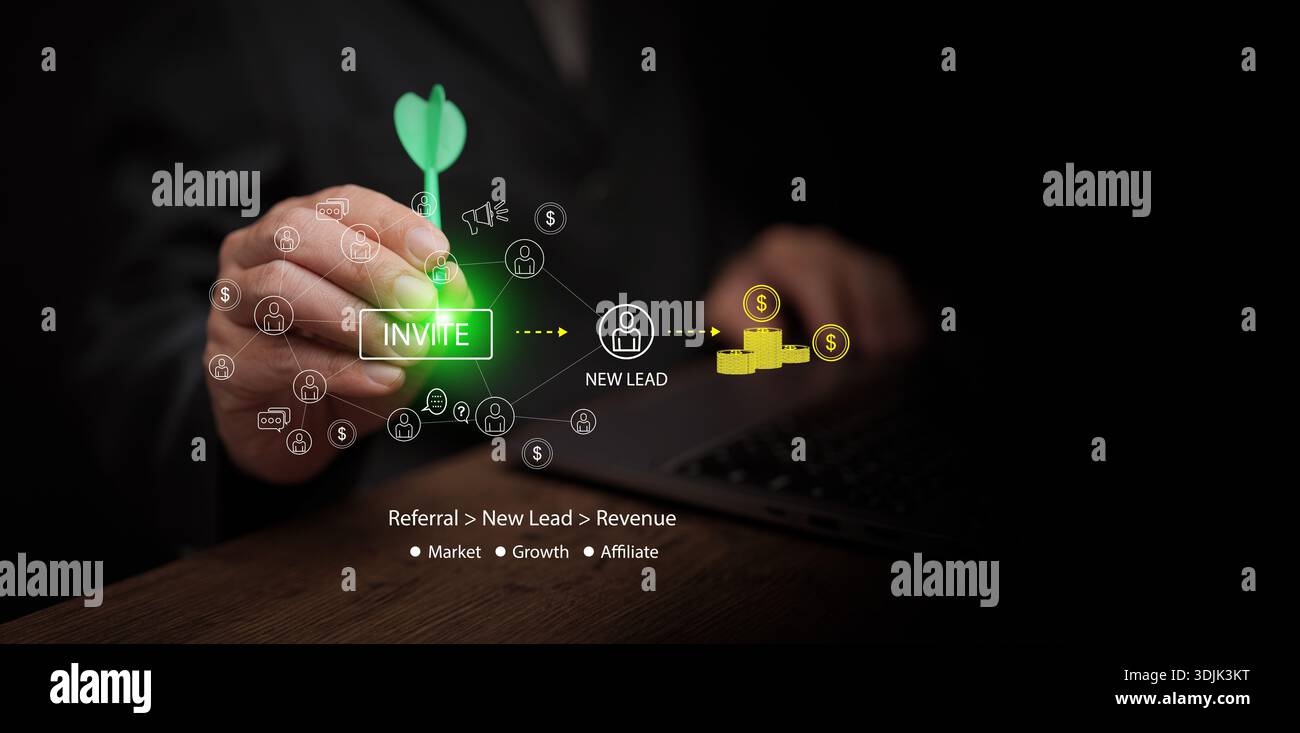 Business referral marketing concept with hand holding dart targeting invite to new lead and revenue. Affiliate growth, lead generation strategy, incen Stock Photo