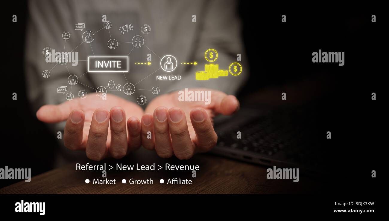 Business referral marketing concept with hands showing invite to new lead and revenue. Affiliate growth, lead generation, incentive strategy, market e Stock Photo