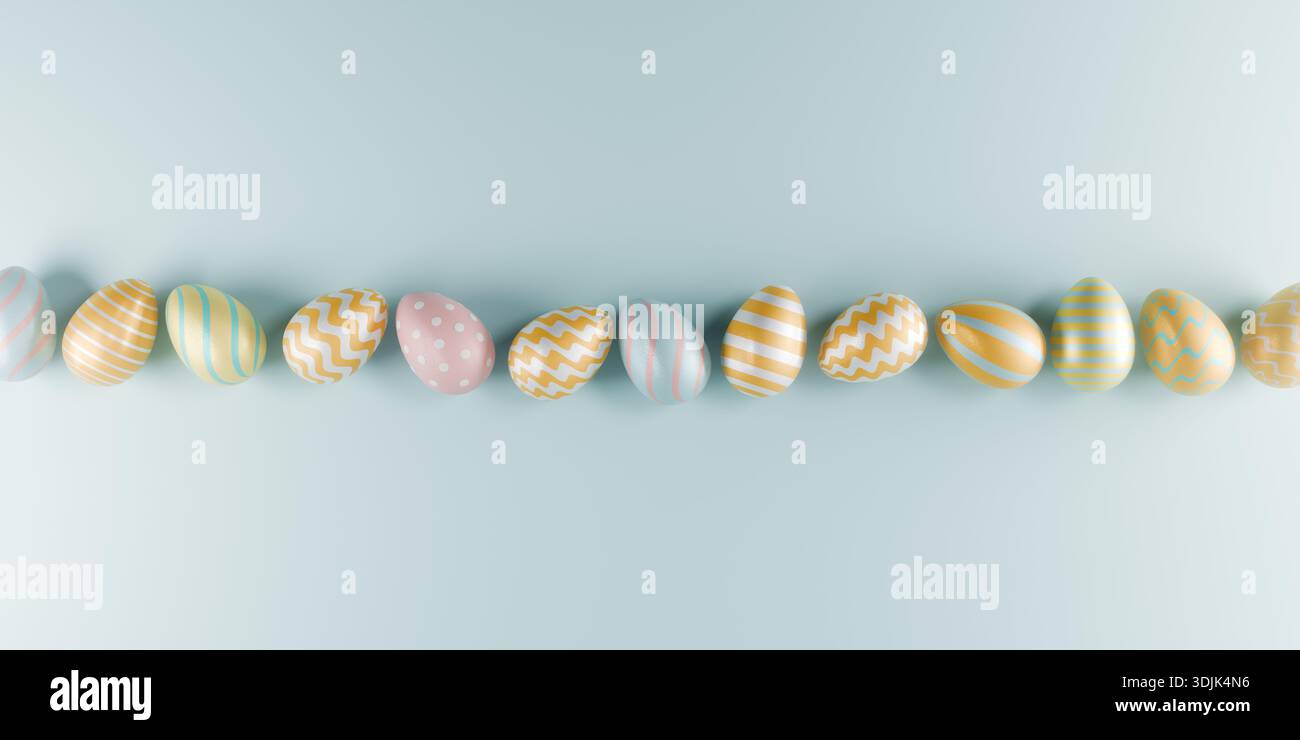A row of pastel colored Easter eggs with various patterns on a light blue background for Easter. 3d rendering Stock Photo