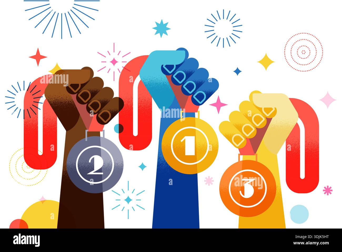 Vector illustration of three hands with gold, silver, bronze medals. Prize, reward, champion trophy, award design elements for championship winners, q Stock Vector