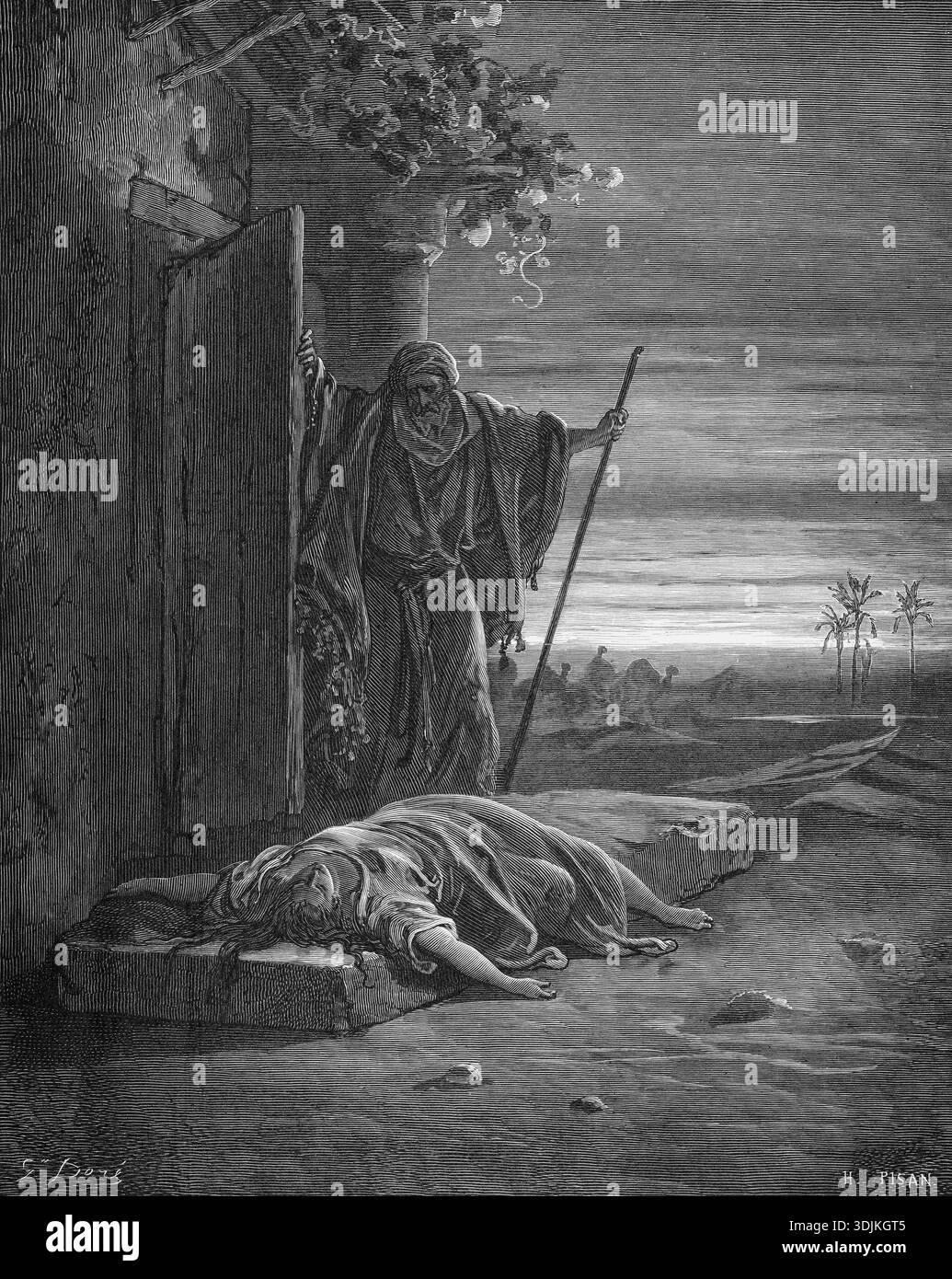 The woman of Levite Ephraim lies dead on the threshold of her house ...