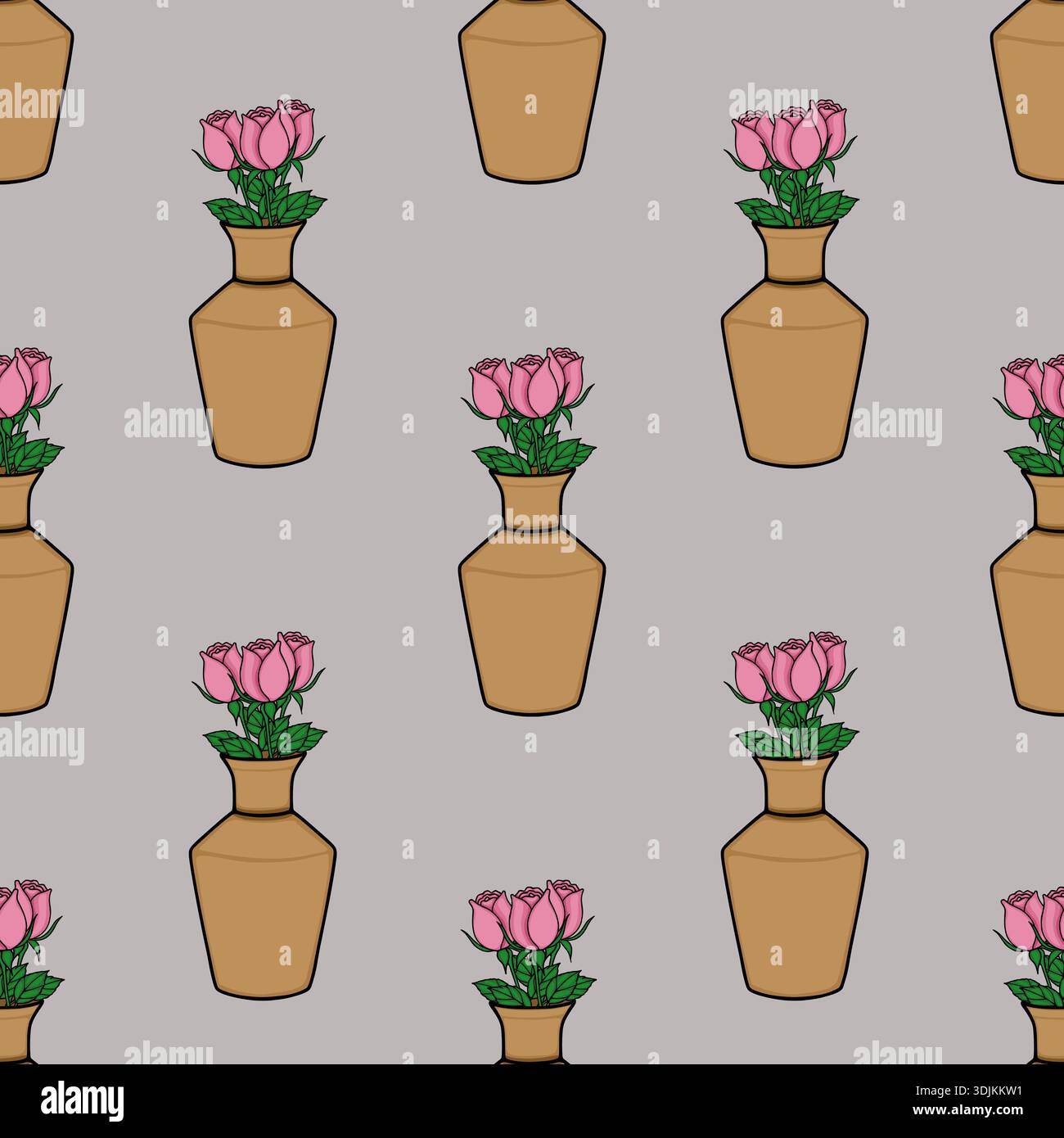Seamless vector pattern of pink roses in clay vases on a muted background Stock Vector