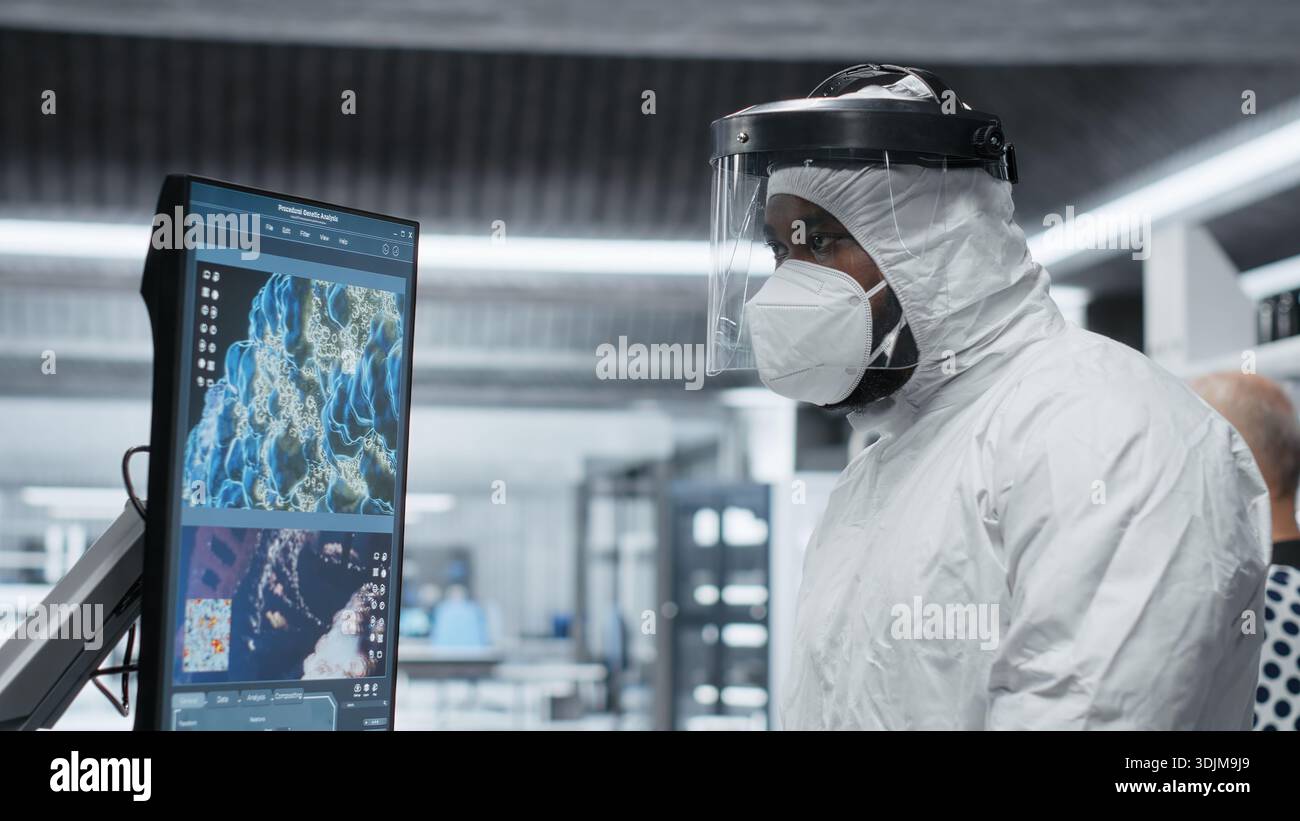 Bioscience Testing Scientist in hazmat suit checking DNA molecules of infected patient in ...