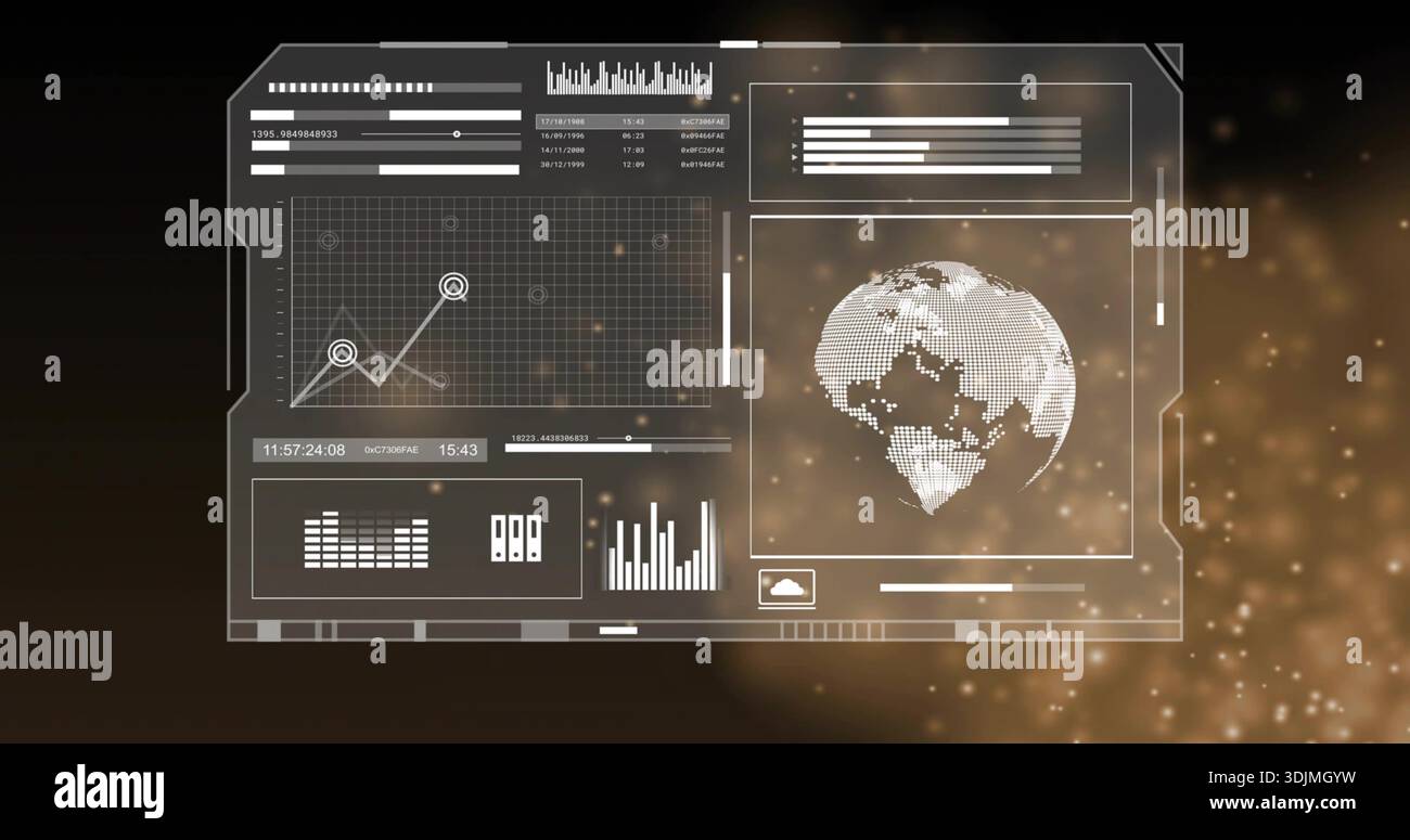 Projecting transparent HUD panel over virtual control, showing grid chart, globe, waveform, sliders Stock Photo