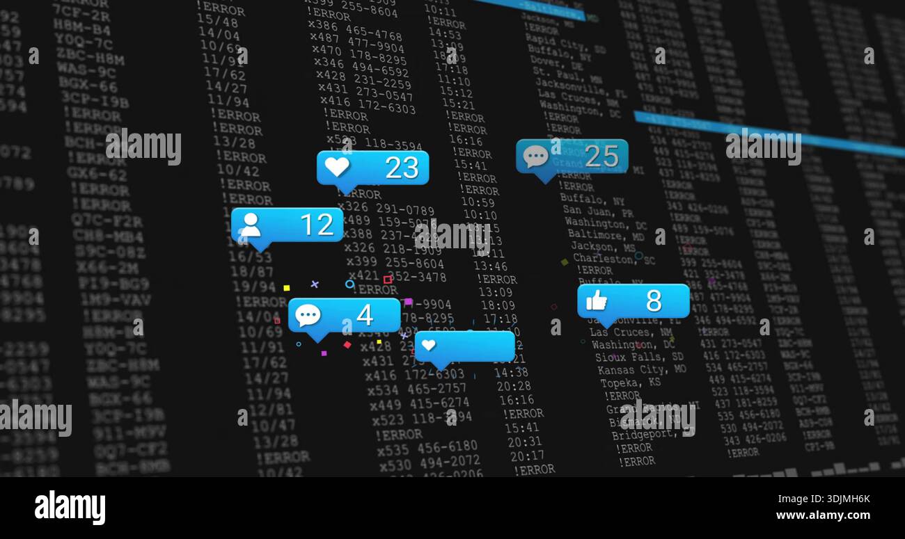 Displaying blue notification bubbles over monospaced terminal display with ERROR codes and counters Stock Photo